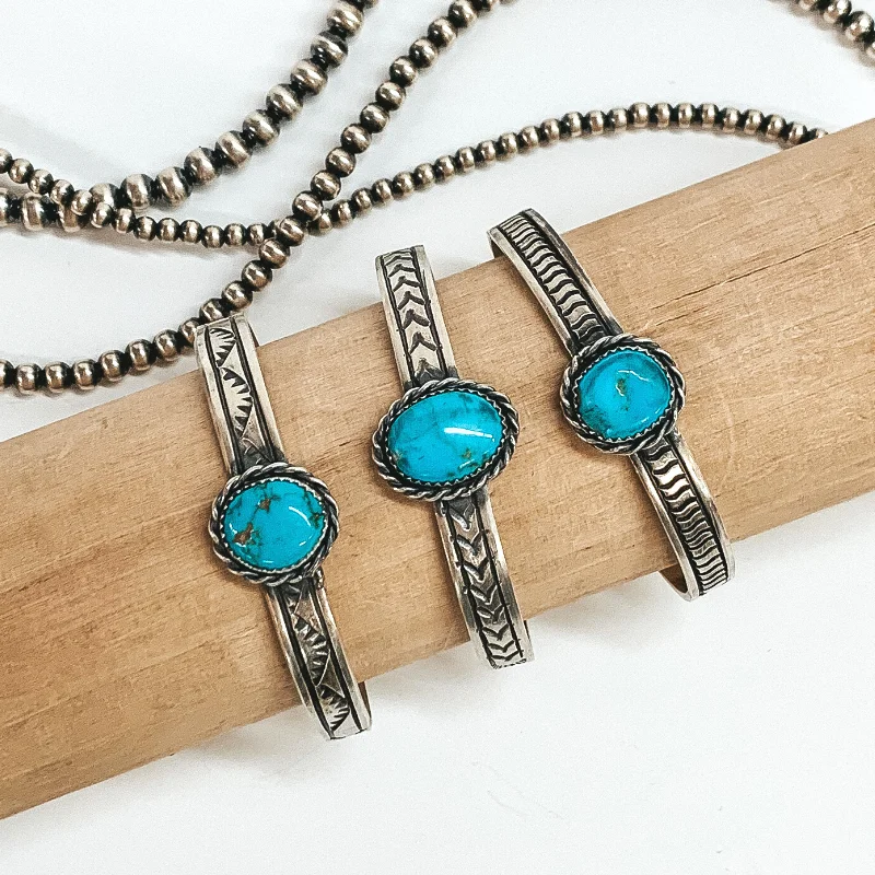 birth month gemstone ladies bracelets & bangles-Rick Enriquez | Navajo Handmade Detailed Sterling Silver Cuff Bracelet with Kingman Turquoise Stone