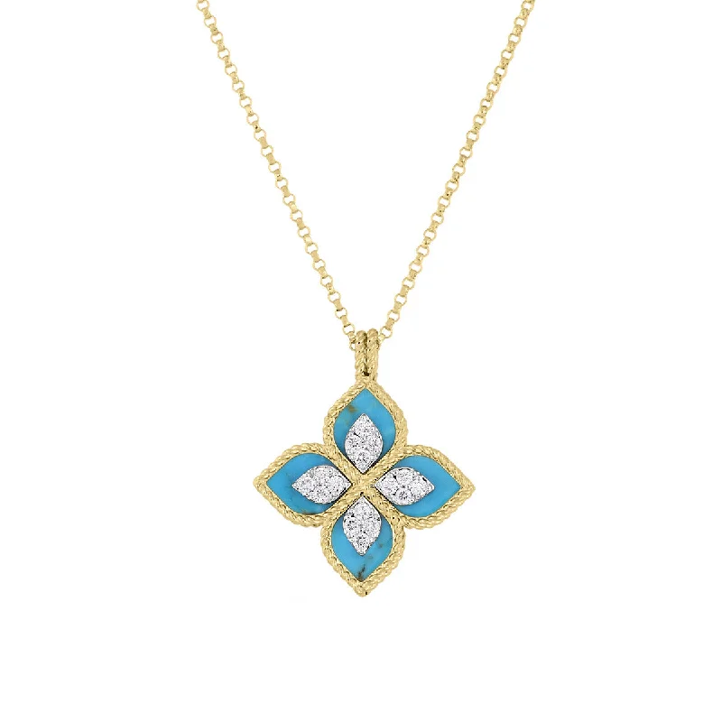 yellow gold delicate ladies necklace-18K Yellow and White Gold Diamond and Turquoise Flower Necklace