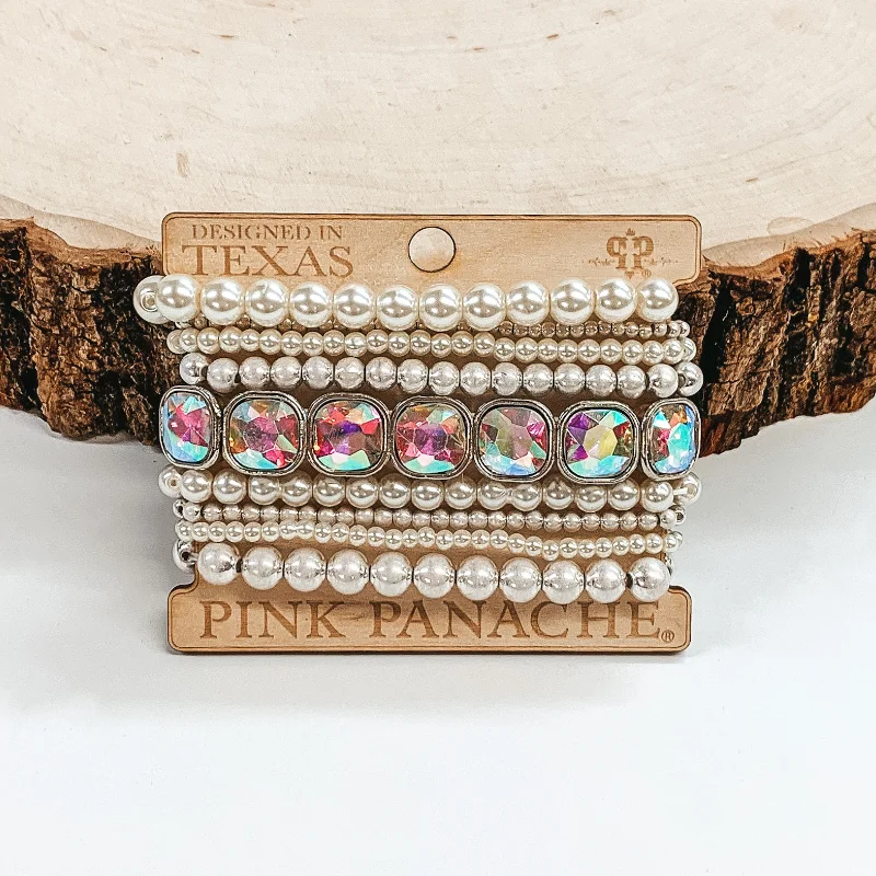 boho style ladies bracelets & bangles-Pink Panache | Worn Silver and Pearl Mix Bracelet Set with AB Cushion Cut