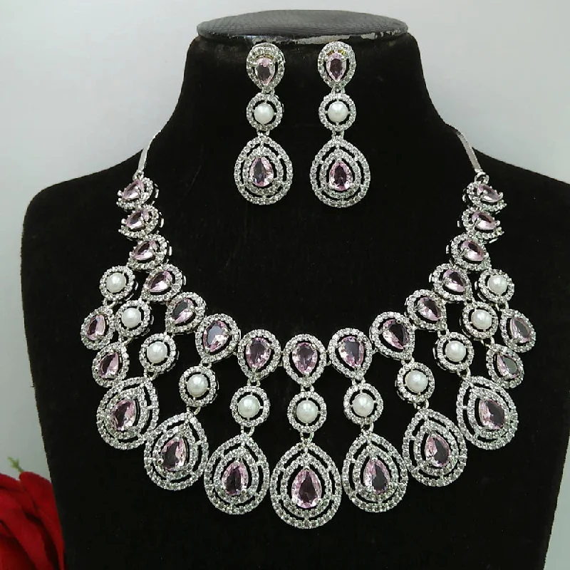 summer beach ladies necklace-Manisha Jewellery AD Stone Silver Plated Necklace Set